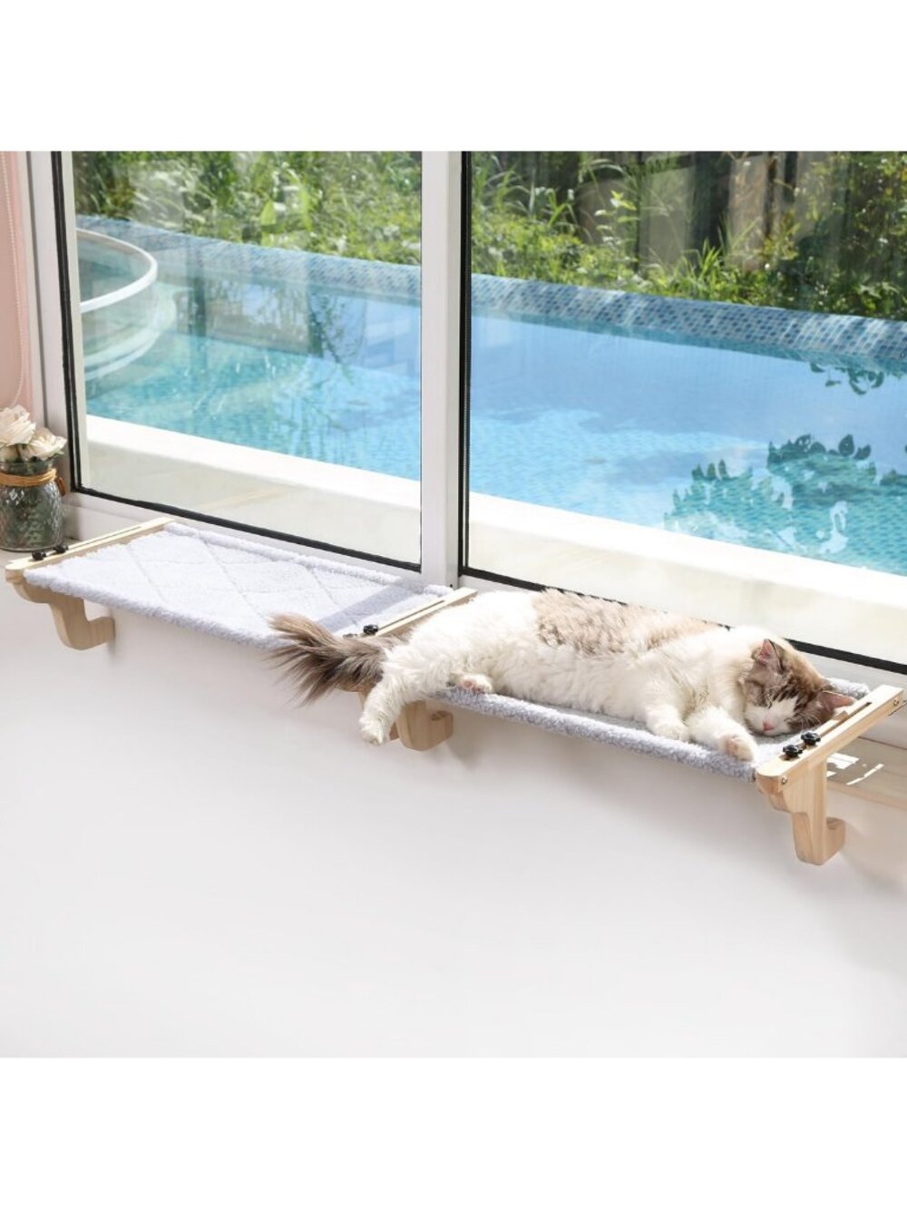 2-PC Easy Seat Cat Perch for Windowsill - Natural Wood & Gray, Cozy Cat